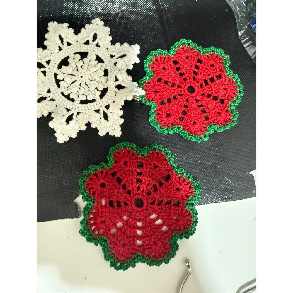Handmade Crochet Christmas Coasters White Snowflake Red Green Poinsettia Set 3